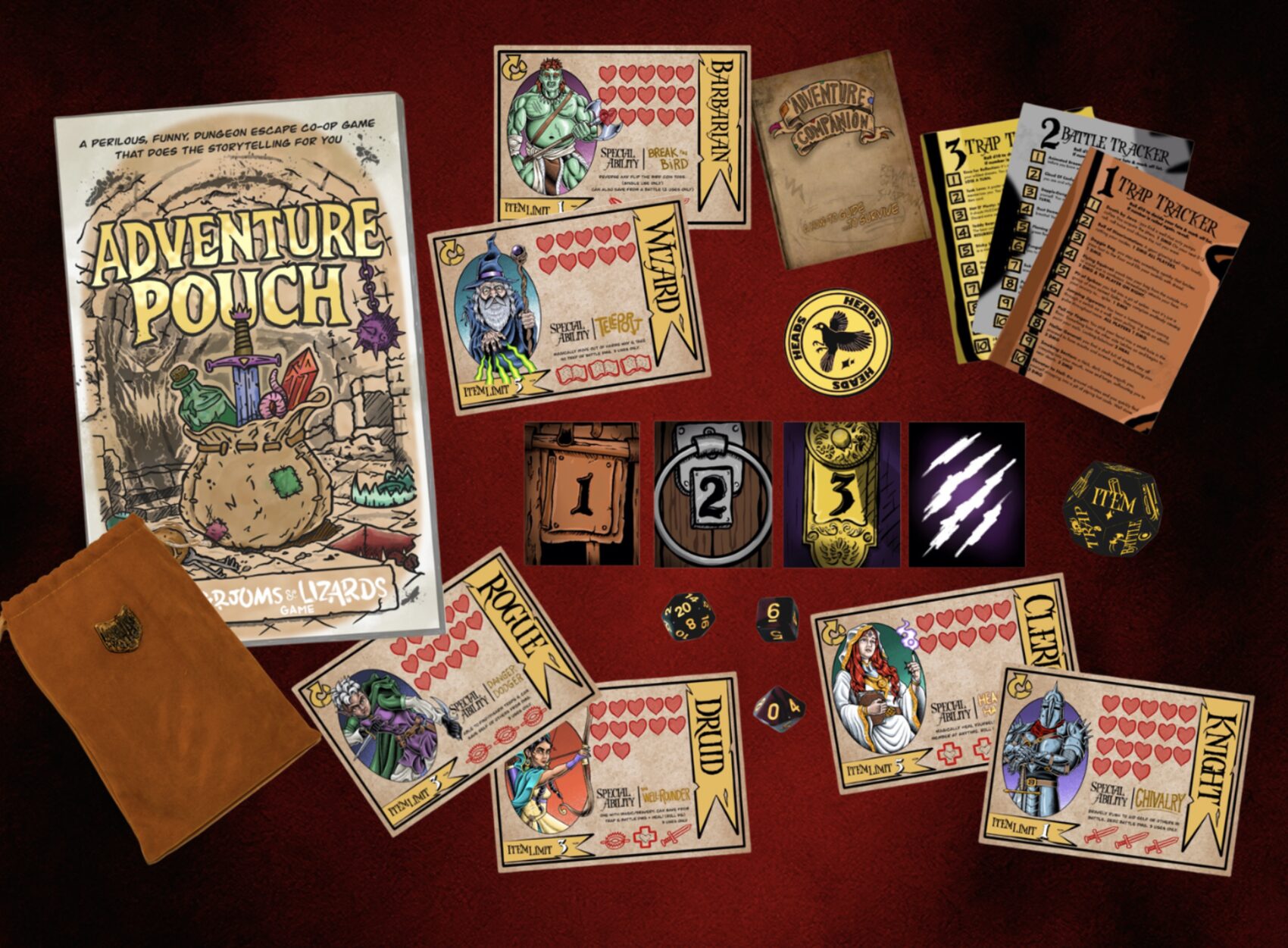 The full contents of Adventure Pouch: box art, golden pouch, character cards, room decks, trackers, dice, and the Flip the Bird coin
